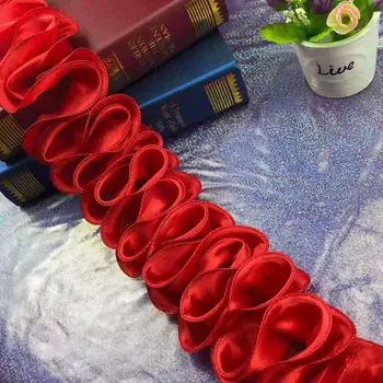 1 Dvorišče Rdeče 3D Pleat Cvet Čipke Trim Ogrlicom Čipke Trak Tkanine Krilo Oblačila Dodatki DIY Pokrivala Dekor Ovratnik Materialov