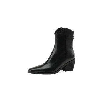 2023 nove Jesensko zimske Ženske škornji naravnega usnja 22-25 cm cowhide+iz svinjskega zahodni čevlji kvadratni toe nazaj zip moderni čevlji