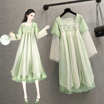 2023 Pomlad Nov Modni Kitajski Slog Tradicionalnih Vezenje Dolg Rokav Obleke Zelene Sodobne Hanfu Šifon Obleko M-4XL
