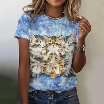 2024 Osvežujoča Poletna Modna ženska Oblačila Mačka Vzorec T-Shirt 3d Tiskanih Krog Vratu Šport Priložnostne Kratek Rokav Vrh Risanka