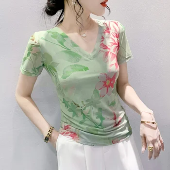 #6671 Letnik 3D Cvjetnim Natisne Majica s kratkimi rokavi Ženske Proti-vrat Tesen Kratek Tshirt Seksi Retro Tanek, Suh Očesa Ženska Tshirt korejski Moda