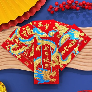 6Pcs Pomladni Festival za Paketni prenos Risanke Rdeče Ovojnice Kitajski Zodiak Srečo Vreča Denarja Papir Zmaj Leto Žep Pakete 2024 Torbici