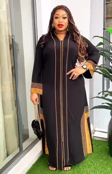 Afriške Obleke za Ženske Jeseni Mode Afriške Dolgimi Rokavi, V-izrez Črno Dolgo Obleko Maxi Muslimanskih Moda Abaya Afriška Oblačila
