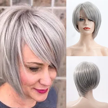 Evropski in Ameriški modni ženska lasulja kratko sivo puhasto belo diagonalno šiška kemičnih vlaken glavo kritje