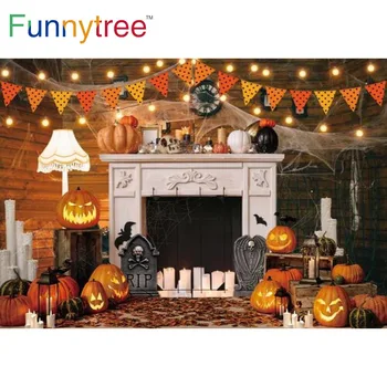 Funnytree Halloween Pumpkin Luči Lesa Ozadju Luči Sveče Kaminom, Notranjost Ura Nagrobnik Spider Web Ozadje