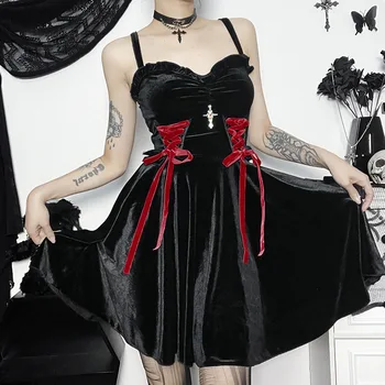 Gothic Obleko Temperament Slog Slim Žamet Barvna Trčenju Trak Križ Povodcem Obleko Za Ženske Novo obleko Goth