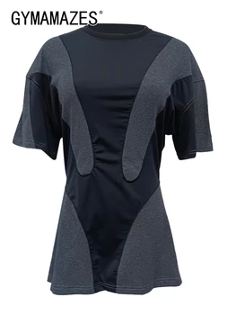 GYMAMAZES Colorblock Priložnostne Tunika Majice Za Ženske okoli Vratu Kratek Rokav Minimalističen Hujšanje Majica Ženska Modna Oblačila