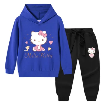 Hello Kitty Otrok Turtleneck Kapičastih Pulover, Hlače, dvodelne Fant Risanka Šport Dekleta Čistega Bombaža Priložnostne Dolg Rokav Obleka