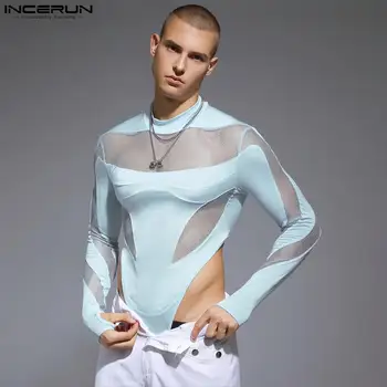 INCERUN 2023 Seksi Homewear Moških Bodysuits Pol Visoko Vratu Očesa Splice igralne obleke Modi Moški Thimble Dolg Rokav Jumpsuits S-3XL