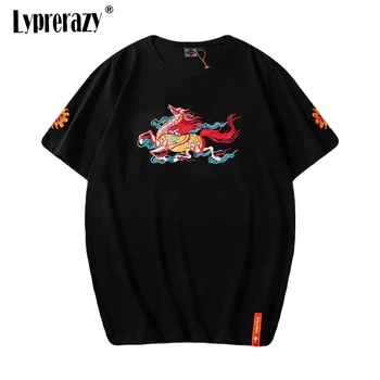 Lyprerazy Kitajski Slog Konj Vezene Kratki rokavi T-shirt za Moške Poletne Nacionalni Plima Športna T Majica