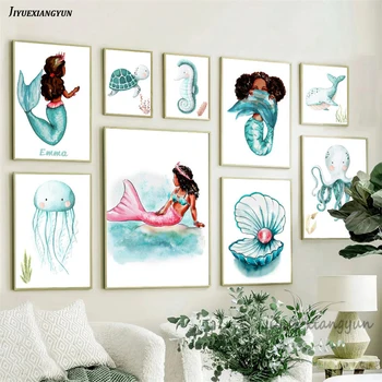 Morska deklica Ocean Živali, Plakati, Tiskanje Kita Hobotnica Hipokampusu Želva Wall Art Platno Slikarstvo Nordijska Sliko Otroci Soba Dekor