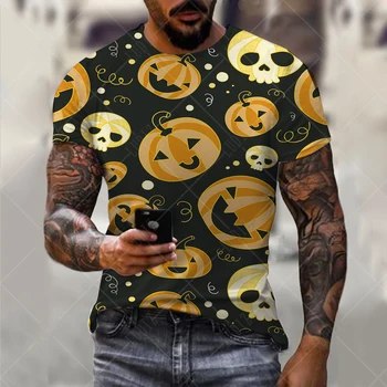 Moška T-Shirt za Moške Halloween vzorec T-Majice Kratek Rokav Moda 3D Pumpkin Head Natisnjeni Ulica, Hip Hop Priložnostne Vrh Tees