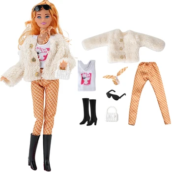NK Uradni 7 Postavke/Set Moda Plašč Za Barbie Lutka Pribor Dolgo Plišastih Plašč Bele Srajce, Čevlji Šal Hlače Sunglass