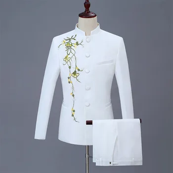 nova bela Vezeni cvetlični Stand-up Ovratnik Kitajski Tunika Krog Vratu 2pcs jopič hlače za Moške Tang Obleke
