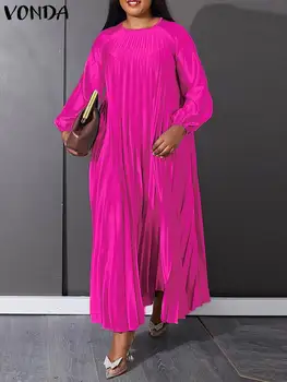 VONDA Elegantne Ženske Maxi Obleko z Dolgimi Rokavi Saten Sundress 2023 Jeseni Priložnostne Trdna O-Vratu, Ohlapno Svile Naguban Stranka Sundress