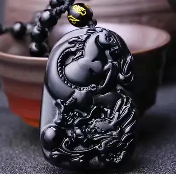 Zelo Pristnega Naravnega Črni Obsidian, Vklesan Kitajski Zodiak Konj Amulet Srečen Blagoslov Obesek Brezplačno Ogrlica Fahion Nakit